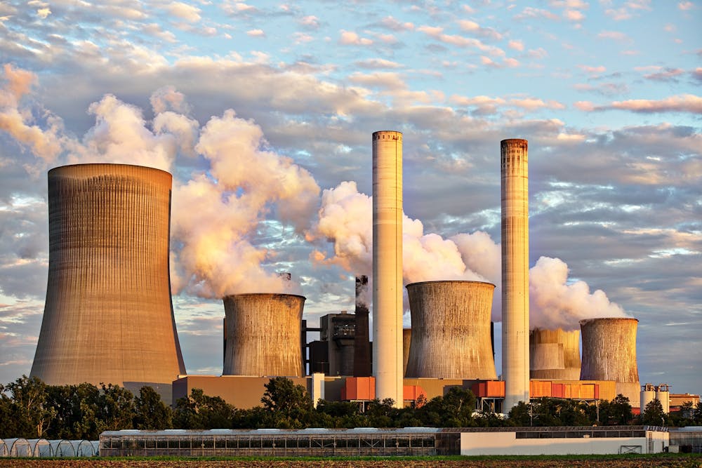 A landscape shot of a large-scale nuclear powerplant